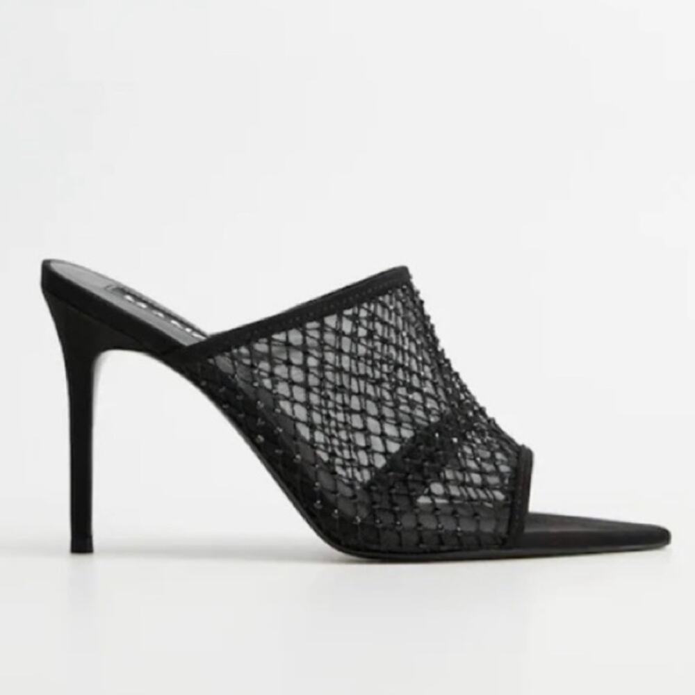 Mango Black Mesh Beaded Slip On Mule Heels Size 37 US size 6.5 - Picture 1 of 10